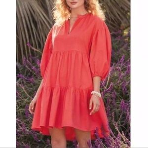 Sundry x Evereve The Anywhere dress cotton poplin tiered bright coral L